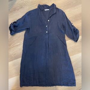 Linen Dark Navy Button-Up Dress Small